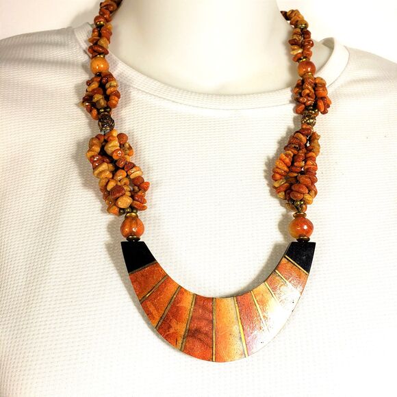 Vintage Mosaic Coral Necklace Tiger & Apple Bead Multi Strand Boho - Picture 2 of 9